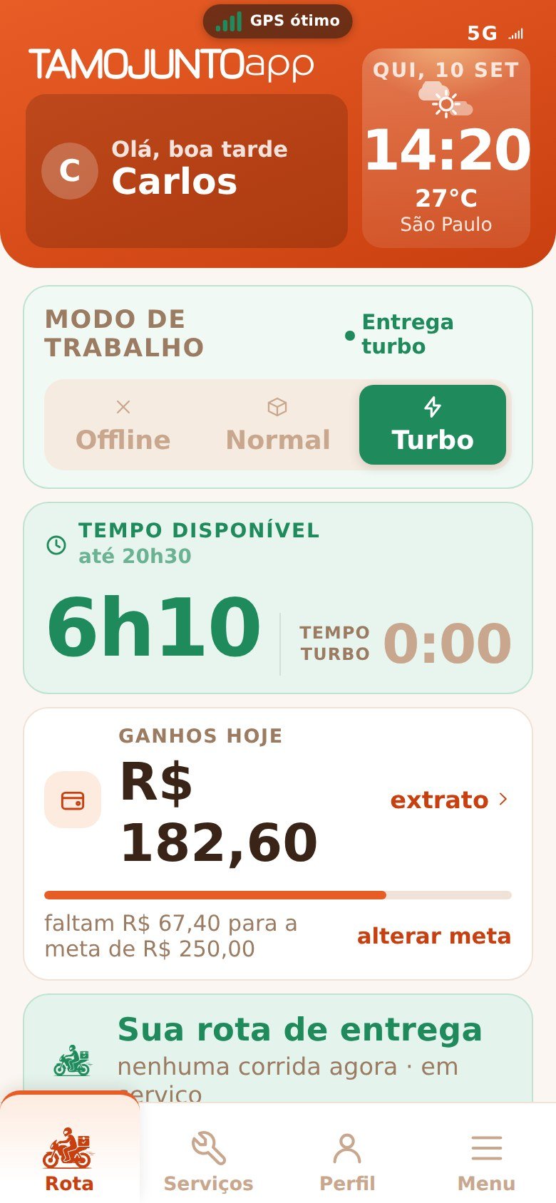 A aba Rota do app do entregador TamoJuntoApp Entregas: modo turbo, tempo disponível, ganhos do dia e a sua rota de entrega