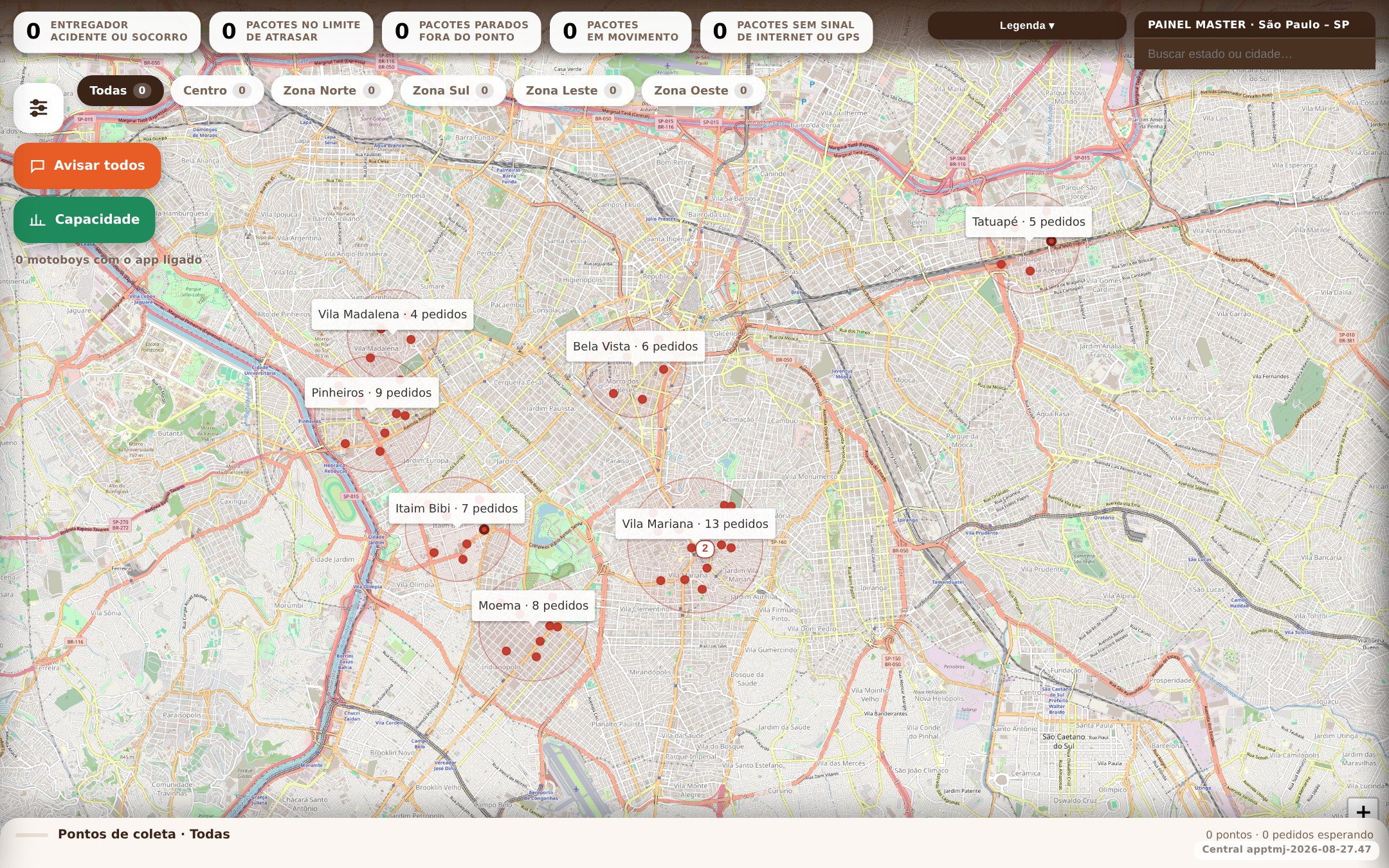 Central de operações da TamoJuntoApp Entregas: mapa de São Paulo com os pedidos pagos aparecendo por bairro — as mercadorias e para onde elas vão