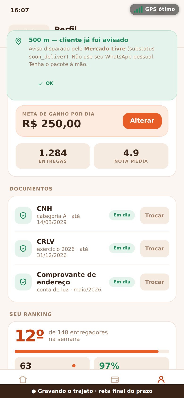 Tela de perfil do entregador no aplicativo TamoJunto Entregas
